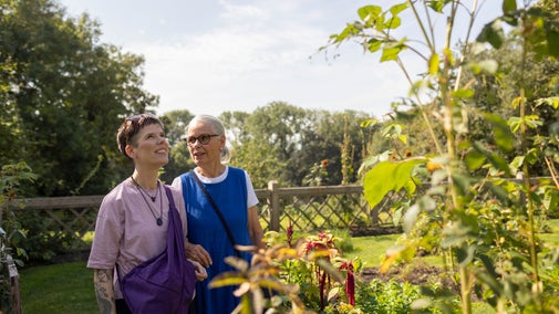 Two visitors exploring the Potager Garden at Trerice together, looking up at one of the trees.